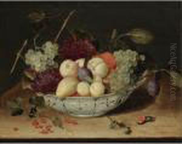 Still Life With Grapes, Peaches,
 Plums And Other Fruit In A Blue And White Porcelain Bowl, Redcurrants 
And Hazelnuts Scattered On The Wooden Ledge Below Oil Painting by Jacob van Hulsdonck