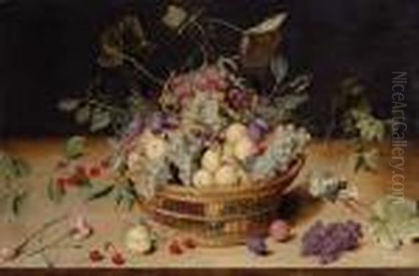 Plums, Grapes, Peaches And 
Cherries In A Basket And Strewn On A Ledge With Carnations And A 
Butterfly Oil Painting by Jacob van Hulsdonck