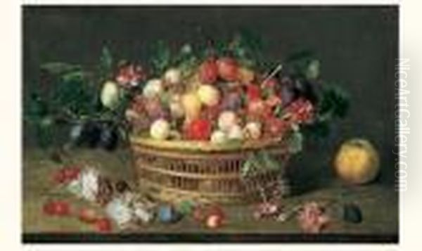 Nature Morte De Prunes, 
Quetsches Et Abricots Dans Un Panier D'osier Pose Sur Un Entablement 
Pres De Cerises, Roses Et OEillets Oil Painting by Jacob van Hulsdonck