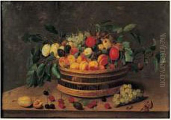 Nature Morte Au Panier D'abricots, Prunes Et Raisins Sur Un
 Entablement Oil Painting by Jacob van Hulsdonck