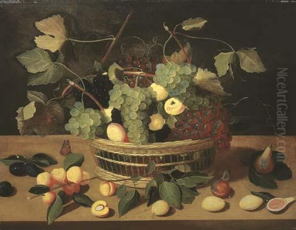 Un Panier De Raisins Et 
D'abricots, Des Branches D'abricotier, Des Prunes Et Des Figues Sur Un 
Rebord En Bois Oil Painting by Jacob van Hulsdonck