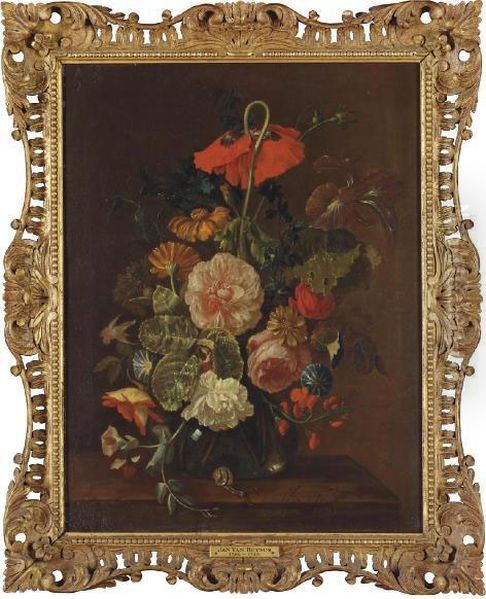 Marigolds, Peonies, Sweetpeas, 
Thistle, A Rose, An Iris And Other Flowers In A Glass Vase On A Ledge 
With A Snail Oil Painting by Justus van Huysum