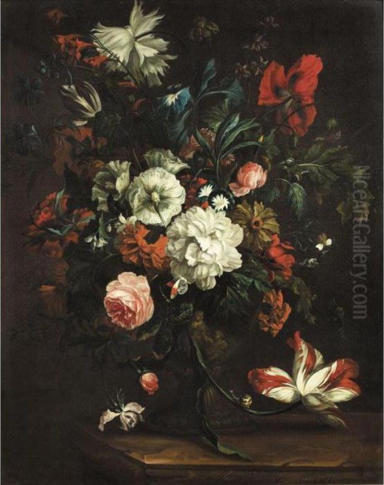 Still Life Of Roses, Peonies, 
Morning Glory And Other Flowers In A Sculpted Urn On A Stone Ledge Oil Painting by Justus van Huysum