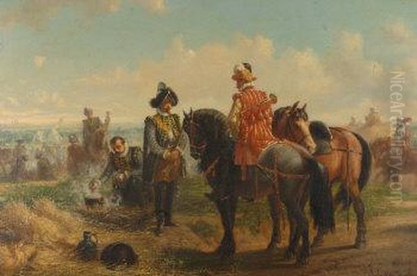 Continental Cavalry Officers On The Edge Of A Military Encampment Oil Painting by A. Jules Van Imschoot