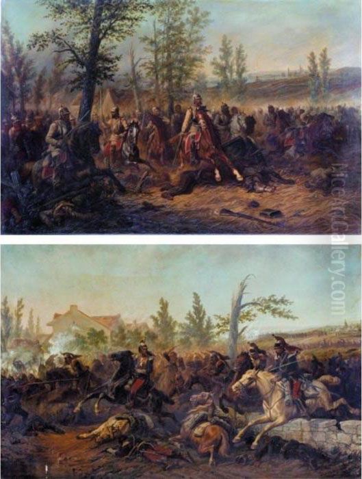 The Battle Of Gravelotte; The Battle Of Sedan Oil Painting by A. Jules Van Imschoot
