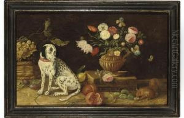 A Dog Seated Next To A Basket Of
 Gooseberries, With Tulips, Irises And Other Flowers In A Classical Urn 
On A Book With Plums, Pomegranates, Greengages, Lemons And A Squirrel Oil Painting by Jan van Kessel
