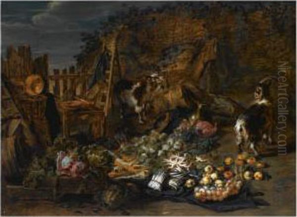 A Still Life Of Cabbages, 
Carrots, Asparagus, Onions, Pears And Apples Outside A Ruined Barn, 
Together With Two Goats And Three Rabbits Oil Painting by Jan van Kessel