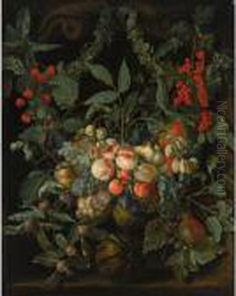 A Still Life With A Garland Of 
Peaches, Pears, Melons, Plums, Apricots, Grapes, Apples, Berries And 
Cherries, Together With Ivy And Gooseberries, All In A Stone Niche Oil Painting by Jan van Kessel