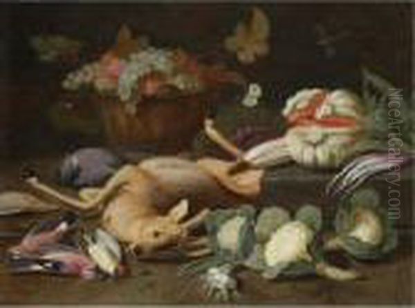 Still Life With A Basket Of 
Fruit, Cauliflowers, A Melon, Leeks, Radishes And Other Vegetables, 
Together With A Deer And Songbirds Oil Painting by Jan van Kessel