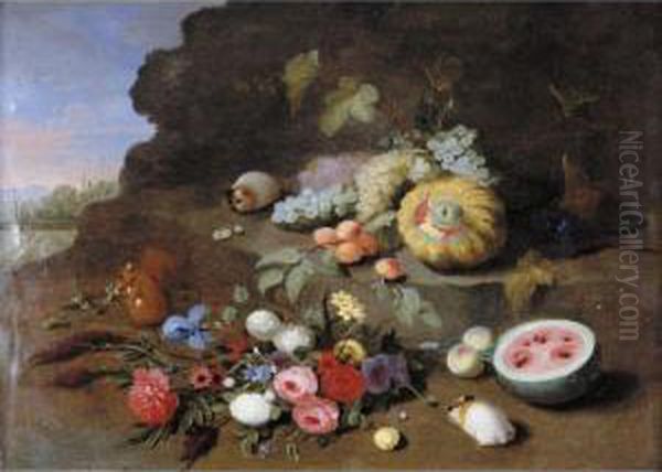 A Still Life With A Posy Of 
Flowers, A Squirrel, Guinea Pigs, Grapes, A Melon And A Watermelon Oil Painting by Jan van Kessel