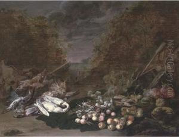 A Swan, A Mallard, A Bittern, Rabbits And Fruits And Vegetables, A Landscape Beyond Oil Painting by Jan van Kessel