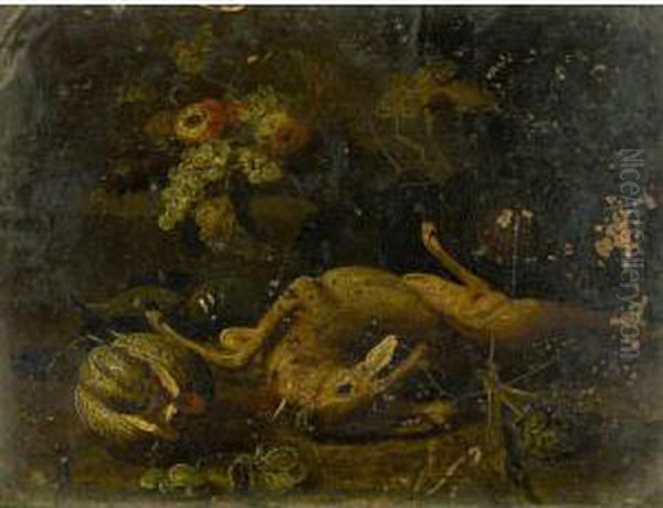 Still Life With A Deer, A Hound,
 An Artichoke, A Melon, Grapes And Other Fruit Together In A Landscape Oil Painting by Jan van Kessel