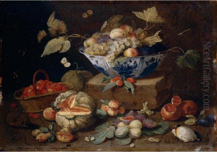 Still Life Of Apples And Grapes 
In A Blue-and-white Porcelain Bowl Together With Pomegranates, Figs, A 
Watermelon, A Basket Of Oil Painting by Jan van Kessel