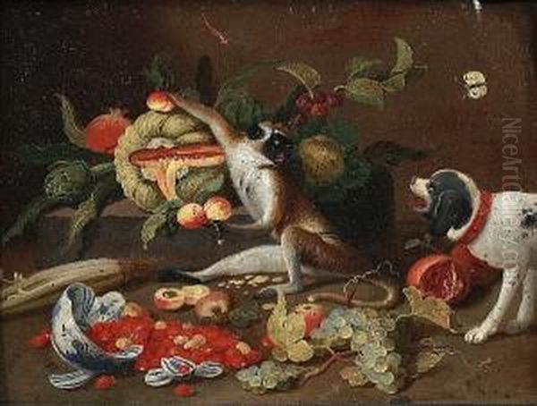 A Monkey With A Melon, An 
Artichoke, Peaches And A Cabbage On A Stone Ledge, An Overturned Bowl 
With Strawberries, Grapes And Celery, A Dog Nearby Oil Painting by Jan van Kessel