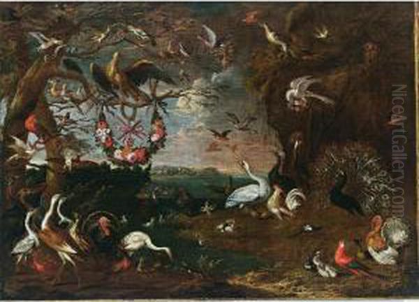 An Allegory Of The Order Of The 
Knights Of Malta With An Eagle, Herons, Turkeys, A Cockatoo, A 
Spoonbill, A Jay, Pheasants, Hoopoes, Pigeons, Ducks, A Lapwing, Owls, A
 Swan, A Peacock, Chickens, Parrots, Cranes And A Macaw, All In A 
Landscape Oil Painting by Jan van Kessel
