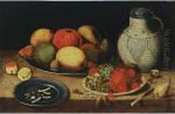 A Still Life With Apples, Pears,
 An Orange, A Walnut, Grapes, Cherries And Hazelnuts, All On Pewter 
Plates, Together With Apricots, A Knife, A Stoneware Jug With Cover, A 
Walnut And A Pear, All On A Ledge Oil Painting by Jan van Kessel