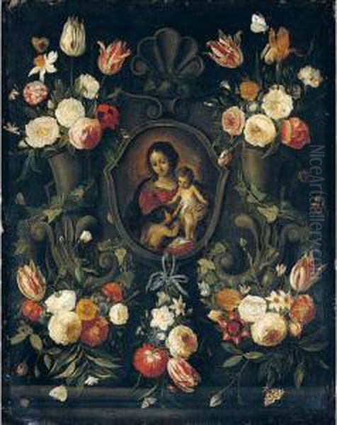 A Stone Cartouche Adorned With 
Flowers And Butterflies, Surrounding An Image Of The Virgin And Child 
With The Infant Saint John The Baptist Oil Painting by Jan van Kessel