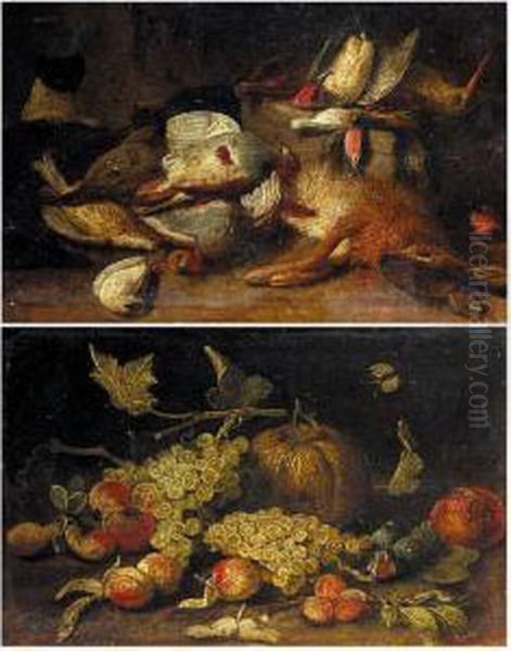 Still Life With A Pumpkin, Figs,
 Grapes, Apricots Together With A Pomegranate; Still Life With 
Partridges, Snipe, Finches And Other Birds Together With A Hare Oil Painting by Jan van Kessel