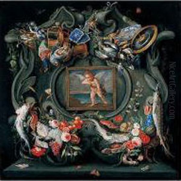 A Cartouche Embellished With 
Fish, Flowers, Fruit, Game, Armour, Hunting Equipment And Other Objects,
 Encircling A Framed Picture Of Cupid Oil Painting by Jan van Kessel