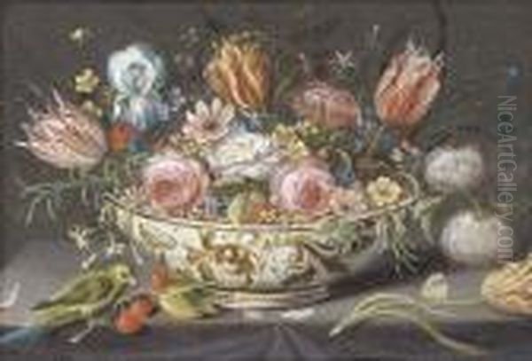 Carnations, Roses, Tulips And 
Other Flowers In A Porcelain Bowl On A Ledge With A Finch, Cherries And A
 Butterfly Oil Painting by Jan van Kessel