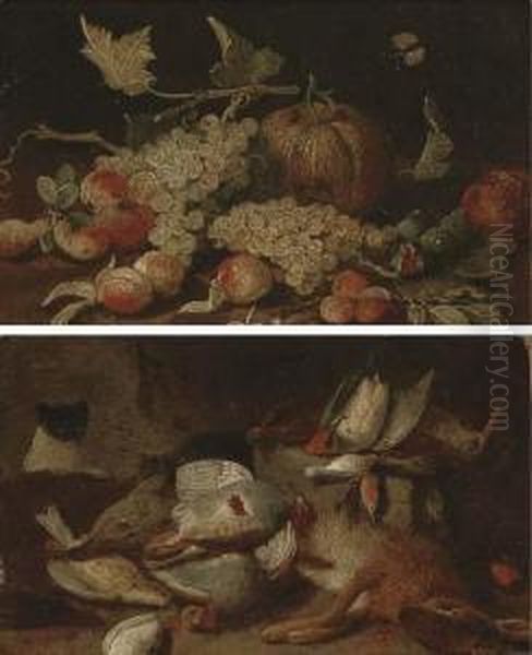 Grapes, Peaches, Figs, Apricots 
And A Pumpkin On A Wooden Ledge,with A Cabbage White Butterfly Oil Painting by Jan van Kessel