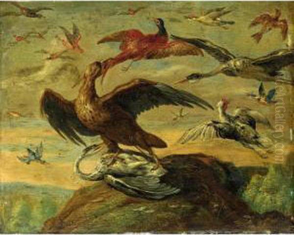 A Still Life With An Eagle, 
Stalks, A Pheasant, A Chicken, Kingfishers And Other Birds In A 
Landscape Oil Painting by Jan van Kessel
