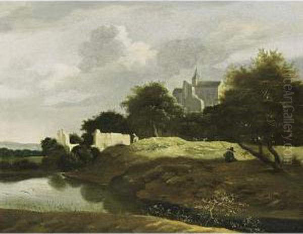 A Wooded Landscape With A Small 
River In The Foreground And Ruins Nearby, A View Of A Castle Beyond Oil Painting by Jan van Kessel