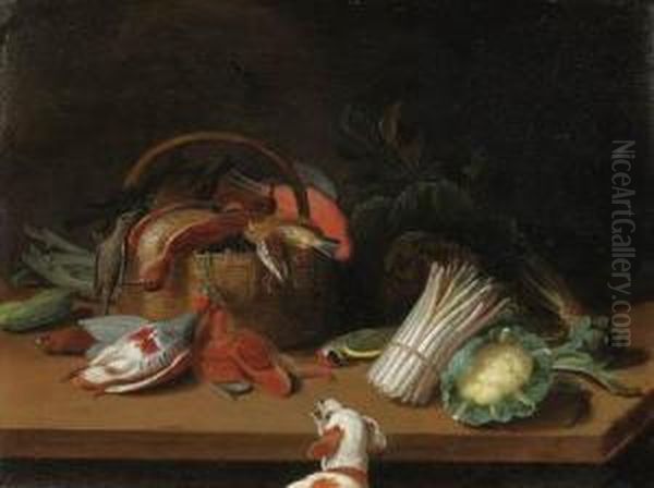 Partridges, A Woodcock, 
Thrushes, A Starling And Other Birds In Abasket With A Woodpecker, A 
Cabbage, A Cauliflower, A Bunch Ofasparagus, An Artichoke And Other 
Vegetables On A Table, A Doglooking On Oil Painting by Jan van Kessel