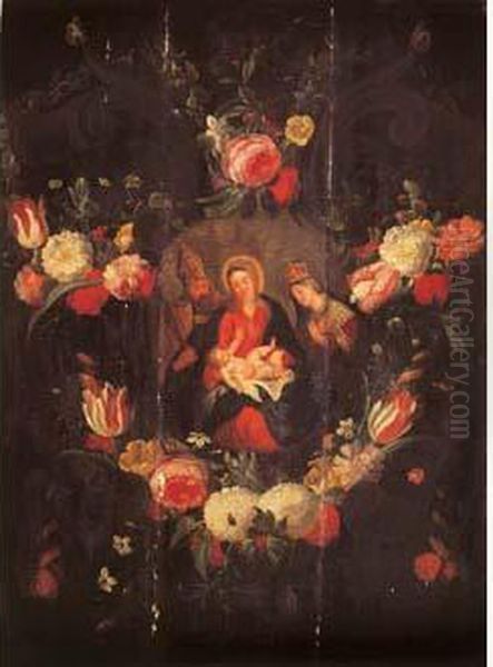  Vierge A L'enfant Entre Saint Gregoire Et Sainte Catherine Dans
 Une Guirlande De Fleurs  Oil Painting by Jan Iii Van Kessel