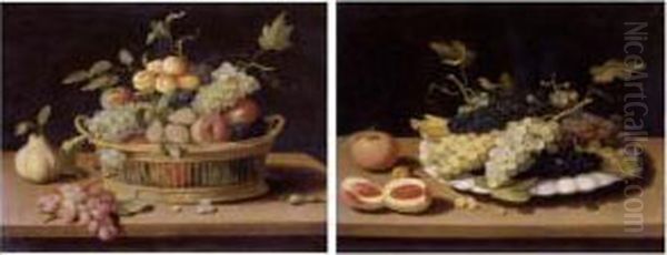 Still Life Of Fruit In A Basket 
And Still Life Of Grapes On A White Plate: A Pair Of Paintings Oil Painting by Jan Iii Van Kessel