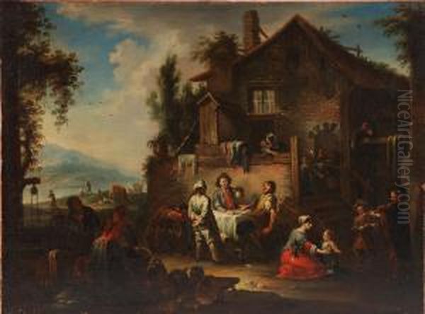 Esterno Di Osteria Di Campagna 
Con Avventori , Suonatore Di Violino E Armenti Sullo Sfondo Oil Painting by Pieter Van Laer (BAMBOCCIO)