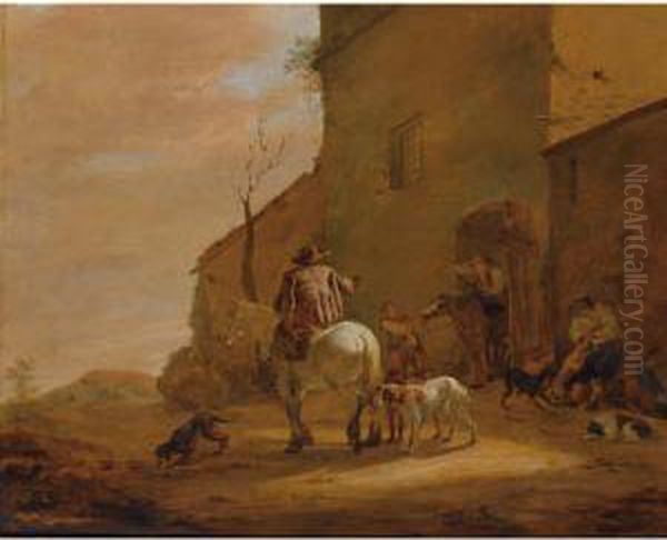 A Landscape With Horsemen 
Leaving An Inn, Together With Their Dogs, A Man Feeding Other Dogs To 
The Right Oil Painting by Pieter Van Laer (BAMBOCCIO)