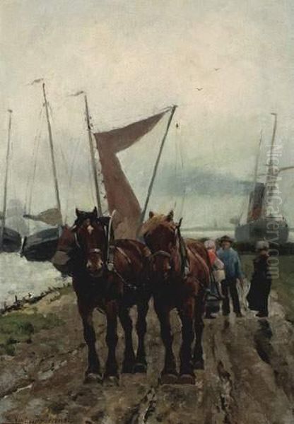 Trekpaarden Aan De Waterkant (1882)
Panneau Oil Painting by Frans Van Leemputten