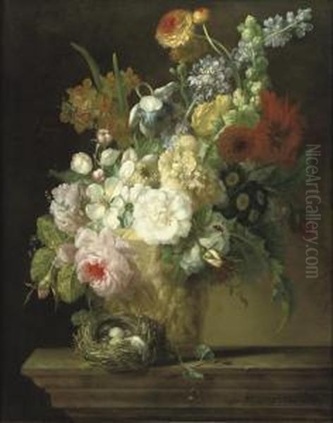 Roses, Chrysanthemums, Anemonies
 And Other Flowers In A Sculptedvase With A Bird's Nest On A Stone Ledge Oil Painting by Willem van Leen