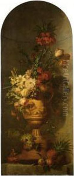 An Elaborate Still Life With 
Lilies, Tulips, Roses, Morning Glory, Auricula, Hyacinths, An Imperial 
Crown And Other Flowers In A Terracotta Vase, Together With Grapes, A 
Pineapple, A Peach, An Apple, And A Melon, All On A Stone Ledge With Two
 Finc Oil Painting by Willem van Leen