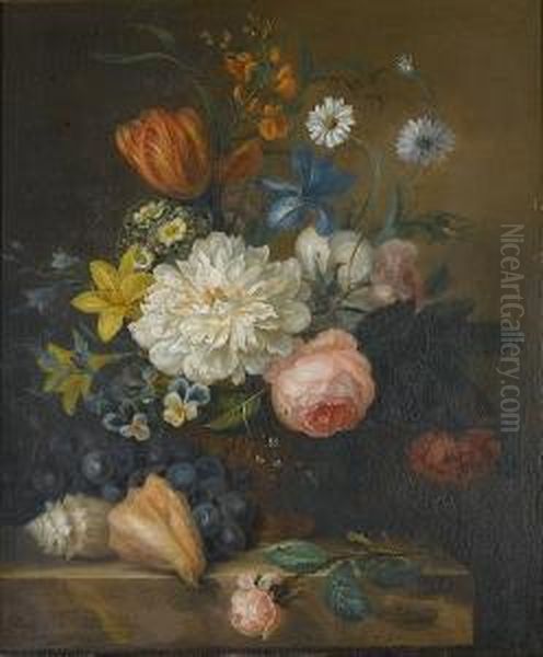 Roses, A Tulip, Violets, An Iris
 And Other Flowers In A Bronze Urn With A Rose, Conch Shells And Grapes
 On A Stone Ledge Oil Painting by Willem van Leen