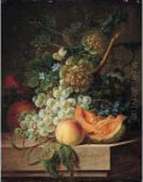 Still Life Of Grapes, Peaches, 
Melon, Flowers And Vines Arranged Upon A Table Top, Together With A 
Cabbage White Butterfly And A Fly Oil Painting by Willem van Leen