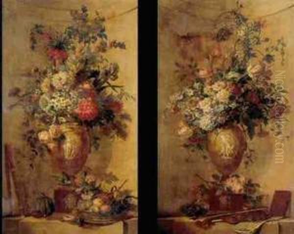 An Elaborate Still Life Of 
Flowers In An Urn, A Basket Of Fruit And A Flute All Resting On A Ledge 
And An Elaborate Still Life Of Flowers In An Urn, A Bird's Nest, A 
Violin And Bow And A Book All Resting On A Ledge: A Pair Of Paintings Oil Painting by Willem van Leen