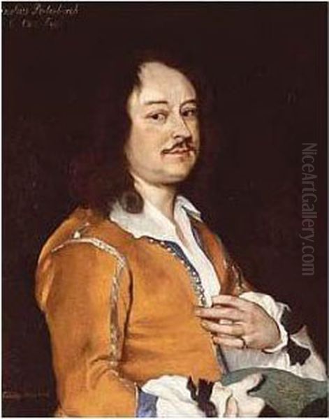 Portrait Of A Man, Half Length, 
Wearing An Ochre Jacket, Holding A Drawing In His Right Hand Oil Painting by Jacob van Loo