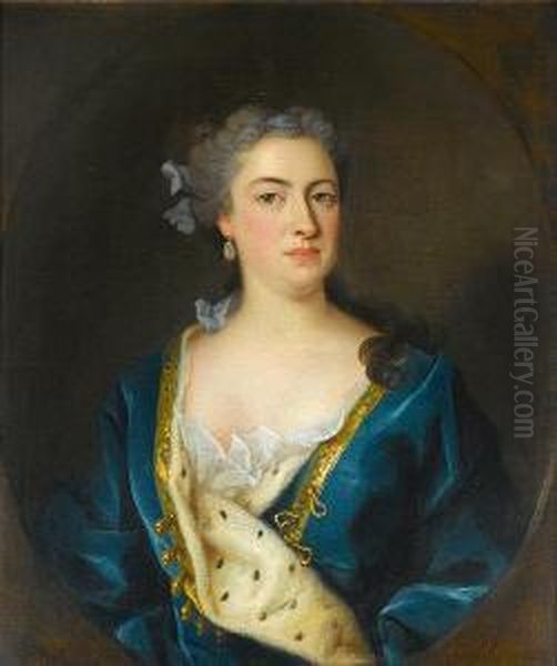 Portrait Of A Lady, Half-length,
 In A Blue Ermine-lined Robe And A Blue Ribbon In Her Hair, In A Painted
 Oval Oil Painting by Jean Baptiste van Loo
