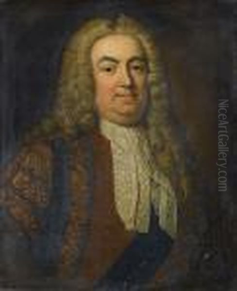Portrait Of Sir Robert Walpole, 
1st Earl Of Orford, Bust-length, In Brown Brocade Robes, A Dark Blue 
Sash And The Badge Of The Order Of The Garter And A White Lace Jabot In A
 Painted Oval Oil Painting by Jean Baptiste van Loo