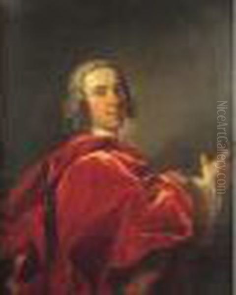 Portrait D'un Homme De Qualite Dans Un Grand Manteau Rouge, La Main
 Droite En Avant Oil Painting by Jean Baptiste van Loo