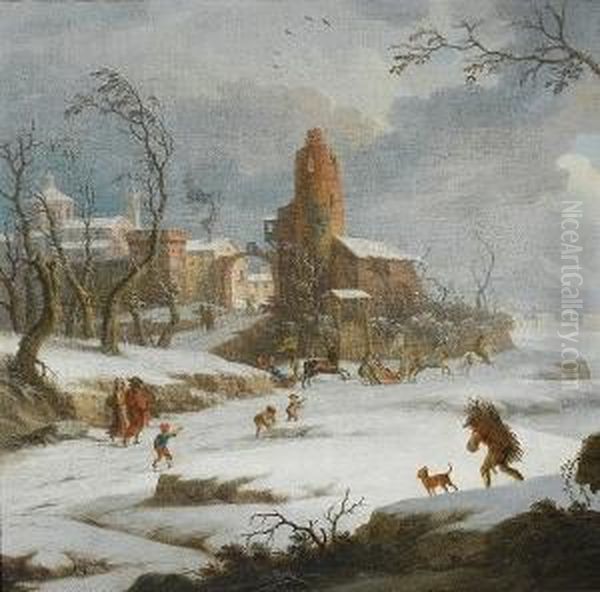 A Winter Landscape With Figures 
Collecting Firewood And Elegant Travellers In Horse-drawn Sleighs Oil Painting by Jules Cesar Denis van Loo