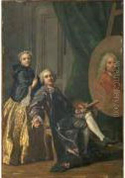 Louis Michel Van Loo Peignant Le Portrait De Son Pere, Conseille
 Par Sa Soeur Oil Painting by Louis-Michel Van Loo