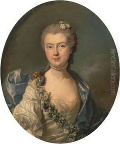 Portrait Of Countess Jeanne De 
Chrion-franois De Lamoignon,bust-length, In A White Silk Dress With A 
Blue Shawl And A Garlandof Flowers; And Portrait Of Count Chrion-franois
 De Lamoignon,bust-length, In A Grey Velvet Coat Oil Painting by Louis-Michel Van Loo