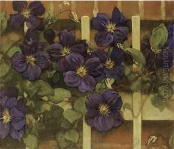 Clematis Tegen Hekwerk: Flowering Clematis Oil Painting by Jacobus Van Looy