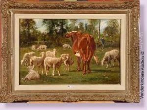 Vache Et Moutons Au Pre Oil Painting by Emile Van Marcke De Lumman