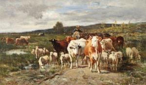 Le Troupeau Oil Painting by Emile Van Marcke De Lumman