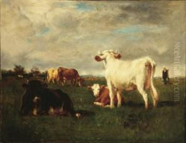 Cows In A Pastoral Landscape Oil Painting by Emile Van Marcke De Lumman