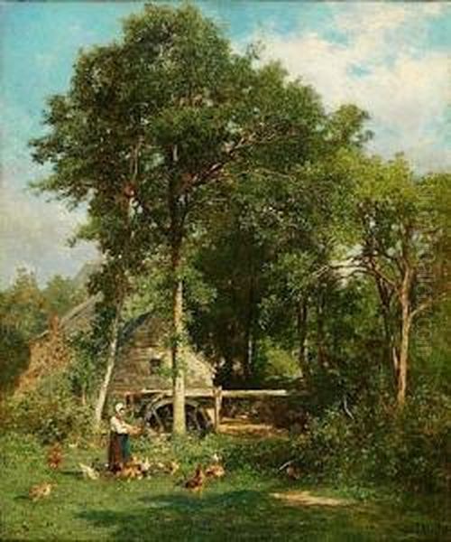 Scene De Ferme Devant Un Moulin A Eau Oil Painting by Emile Van Marcke De Lumman